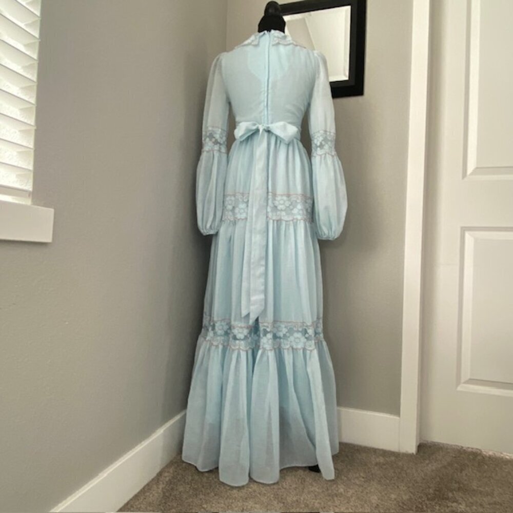 VINTAGE 70s Gunne Sax Blue Lace Long Maxi Prairie Boho Dress Sz XS - Picture 5 of 16